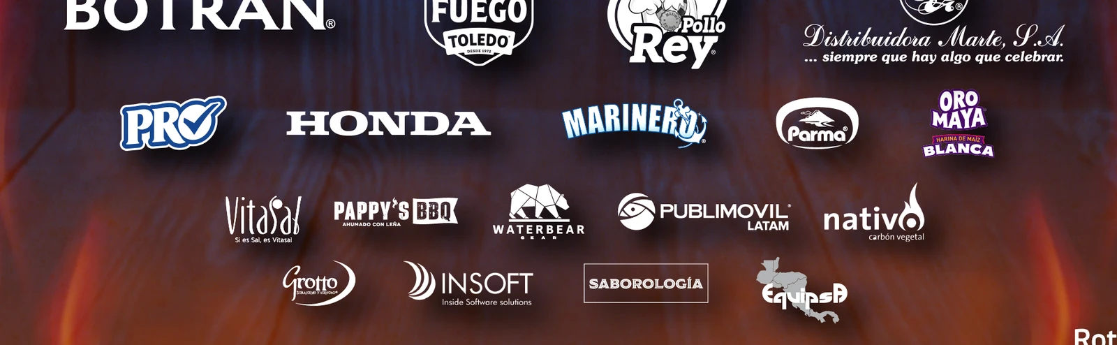 Patrocinadores del BBQ Challenge Antigua 2026: Botrán, Héroes del Fuego, Pollo Rey, Marte, PRO, Honda, Marinero, Parma, Oro Maya, Vitasal, Pappy's, Waterbear, Publimovil, Nativo, Grotto, Insoft, Saborología y Equipsa